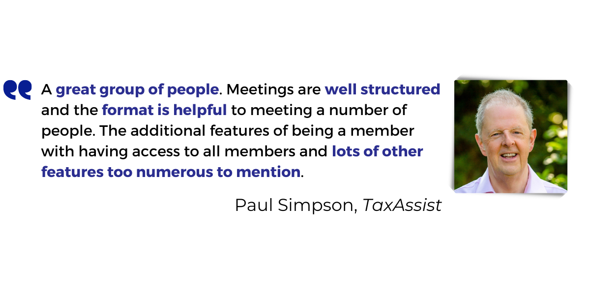 <p>A <strong>great group of people</strong>. Meetings are <strong>well structured</strong> and the <strong>format is helpful</strong> to meeting a number of people. The additional features of being a member with having access to all members and <strong>lots of other features too numerous to mention</strong>.</p>